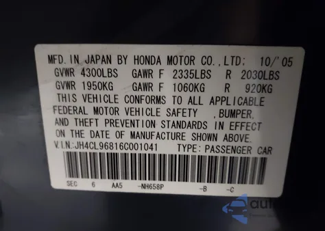 2006 Acura Tsx z USA, uszkodzony, nr VIN JH4CL96816C001041